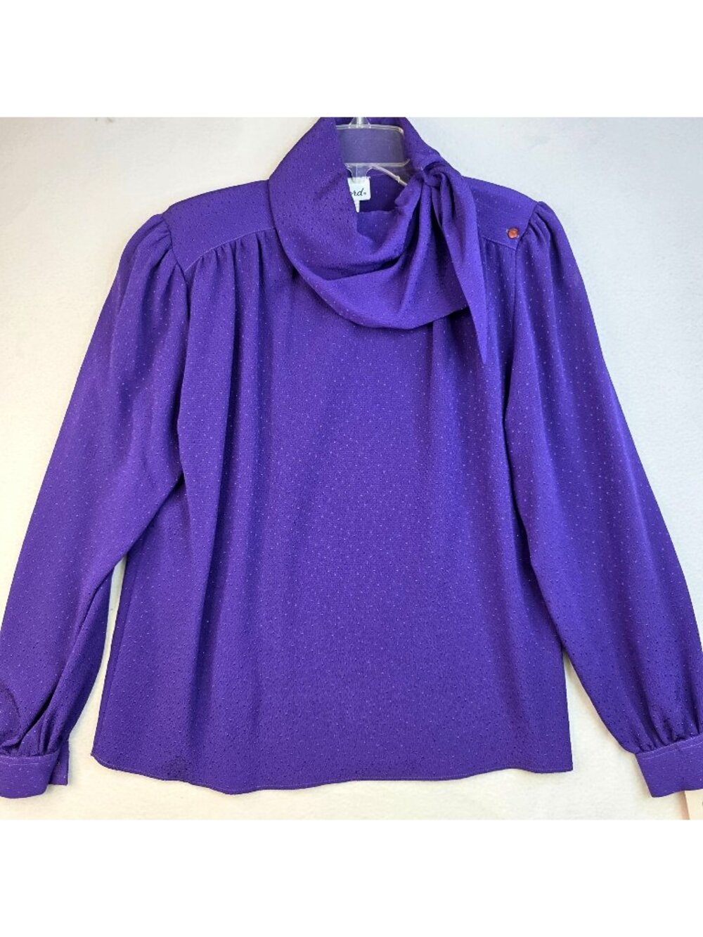 Vintage 80s Gailord Draped Bow Neck Blouse 8 Purple Vibrant Officecore Romantic